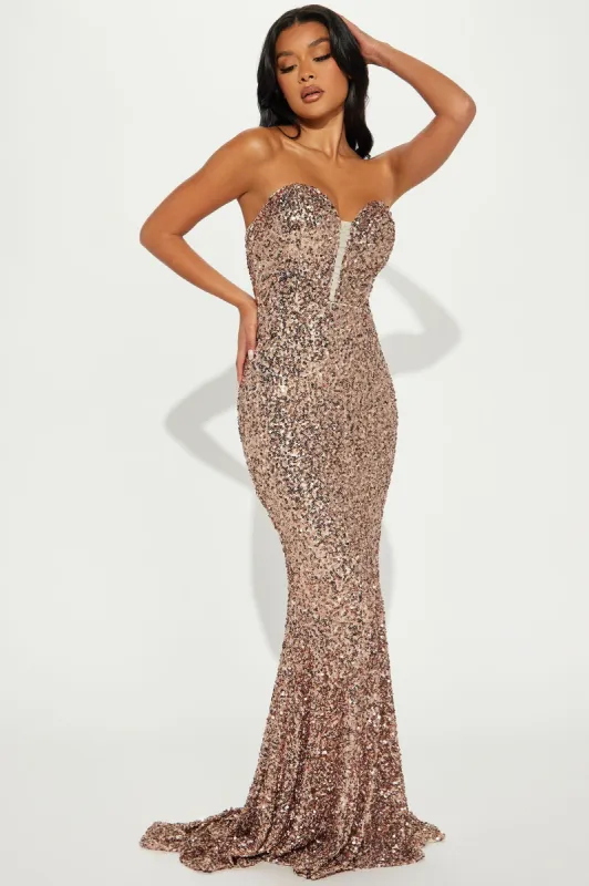 The Most Wanted Sequin Gown - Rose Gold sold by Fashion Nova
