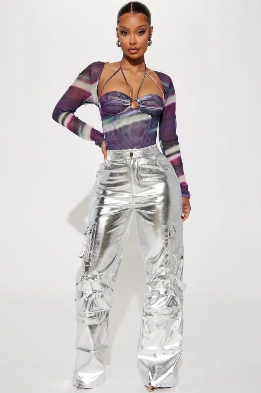 Prime Time Metallic Cargo Pant - Silver sold by Fashion Nova