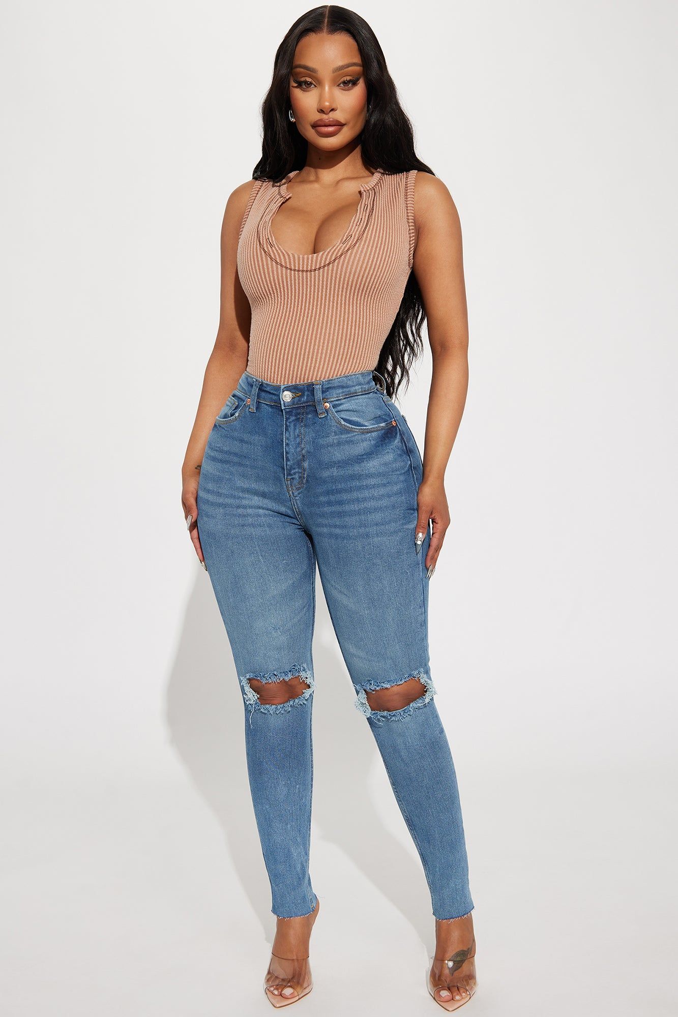 Get The Message Ripped Stretch Skinny Jeans - Medium Wash sold by Fashion Nova