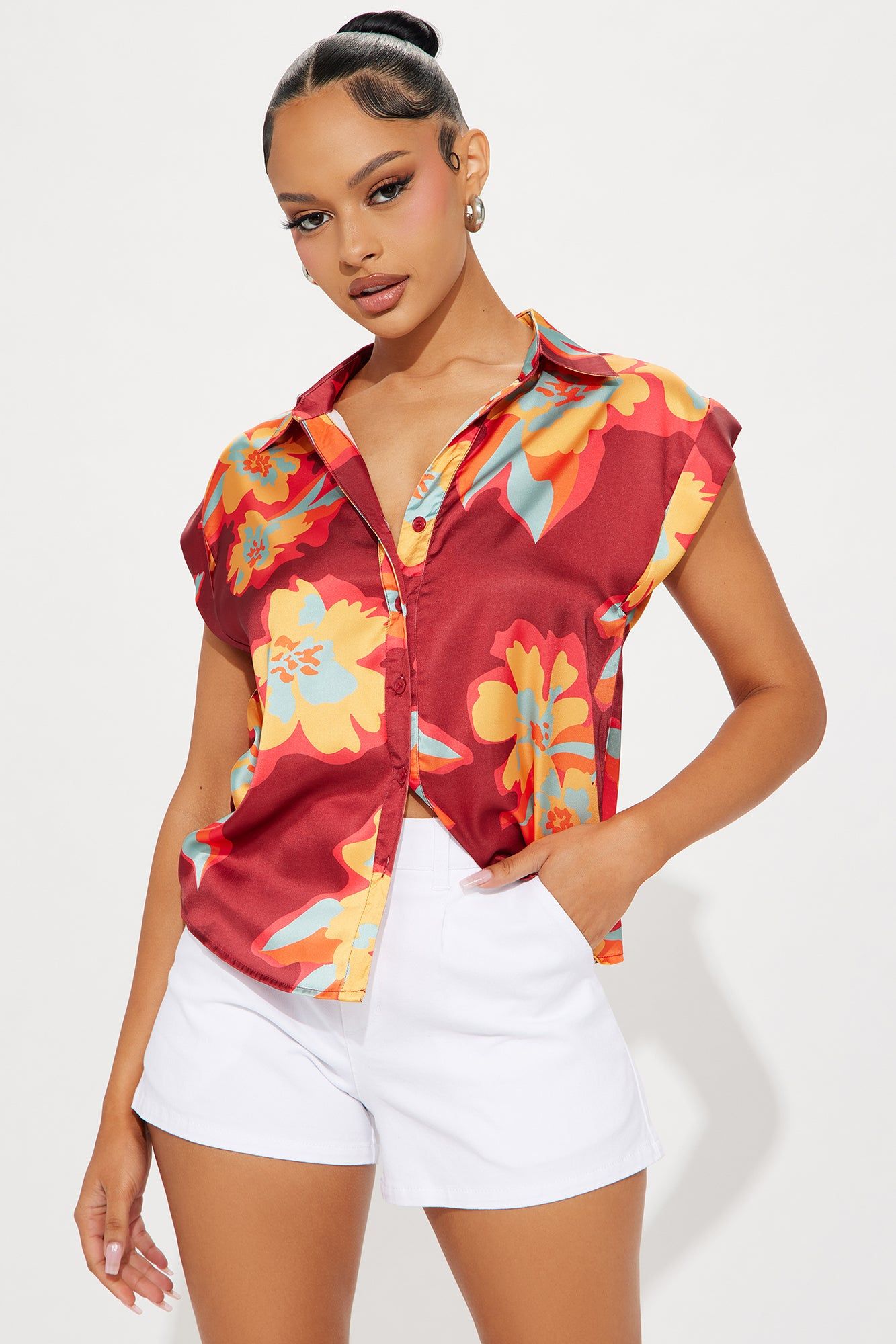 Fiona Printed Shirt - Red/combo sold by Fashion Nova