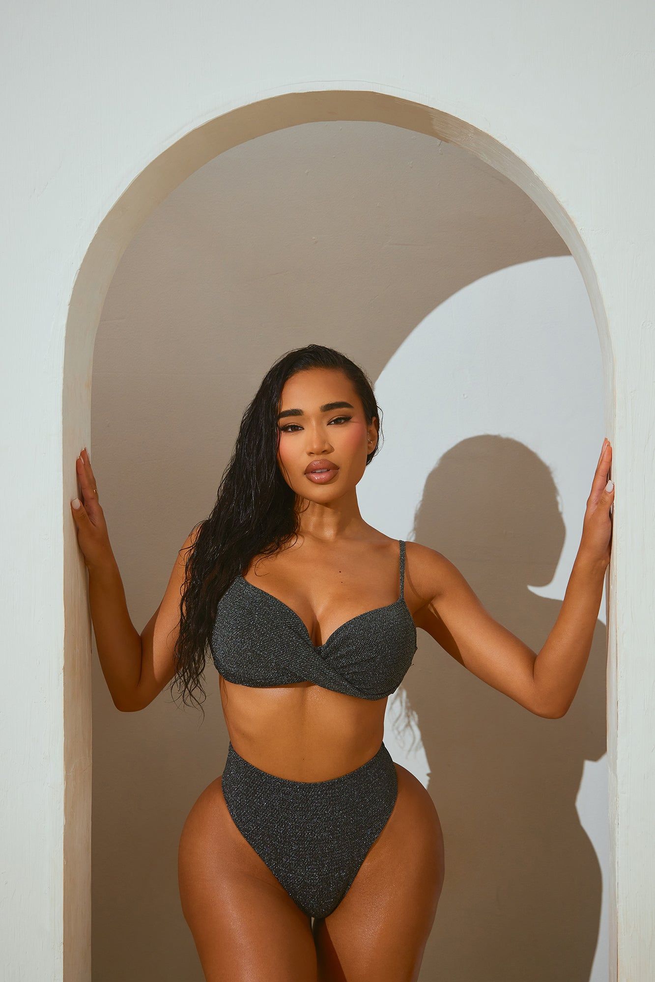 Ariella Shimmer 2 Piece Bikini - Silver/Black sold by Fashion Nova