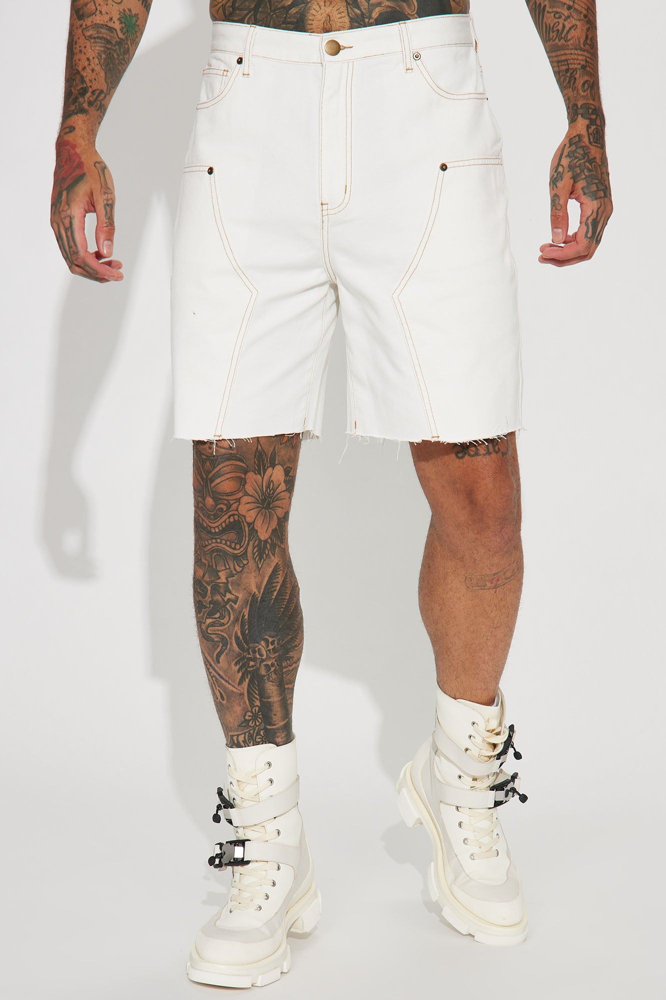 Contrast Stitched Denim Shorts - White sold by Fashion Nova product image thumbnail 4