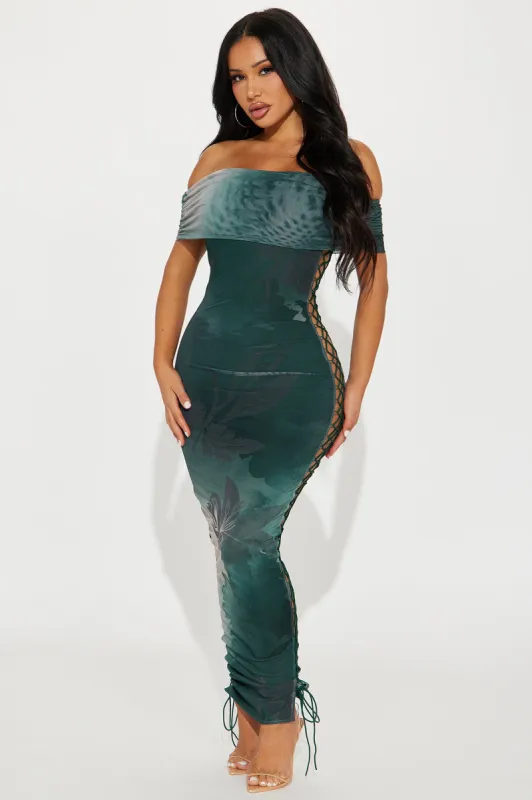 Gina Off Shoulder Mesh Maxi Dress - Hunter sold by Fashion Nova