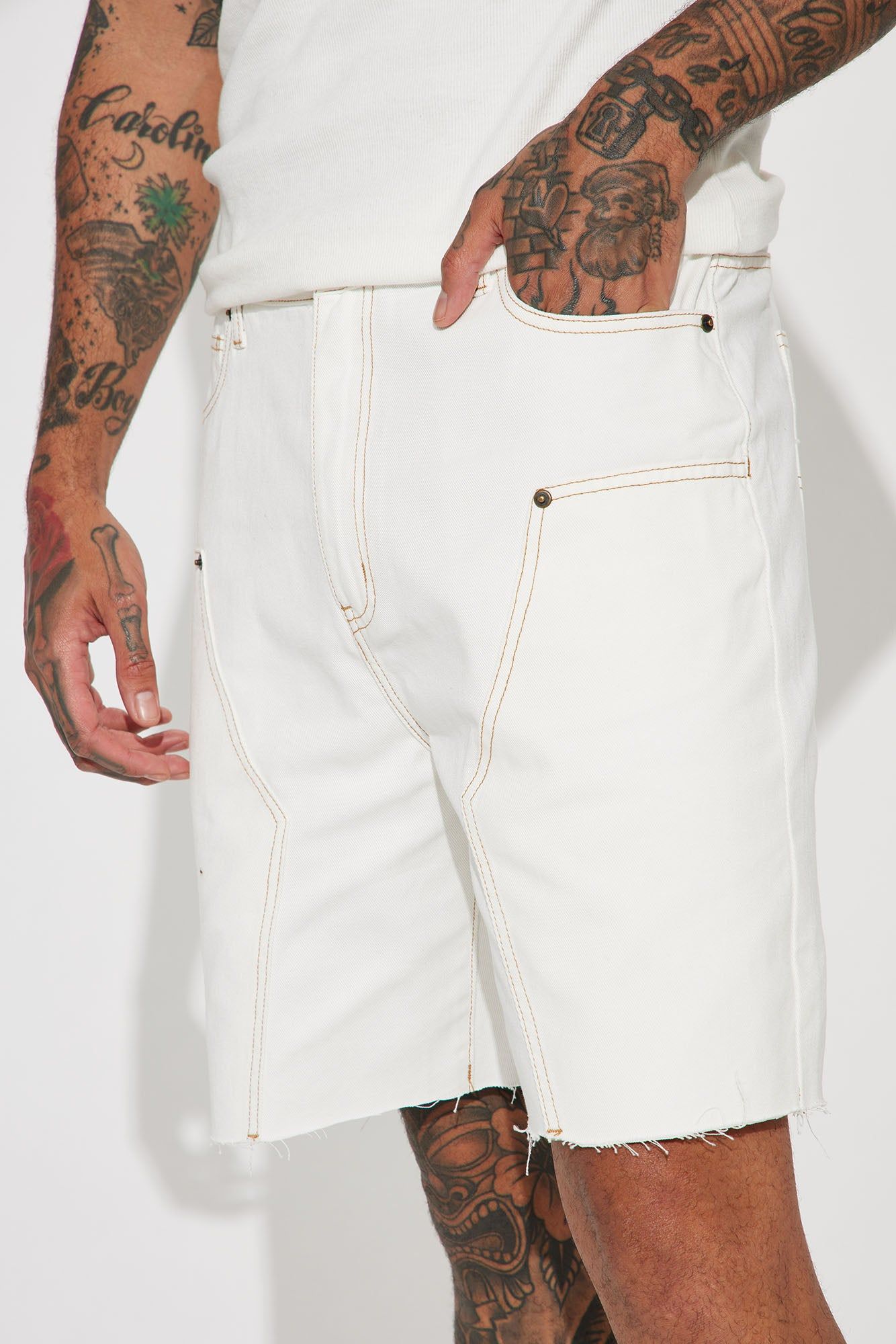 Contrast Stitched Denim Shorts - White sold by Fashion Nova product image thumbnail 5