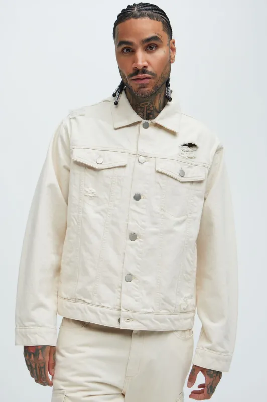 Benson Distressed Trucker Jacket - Cream sold by Fashion Nova
