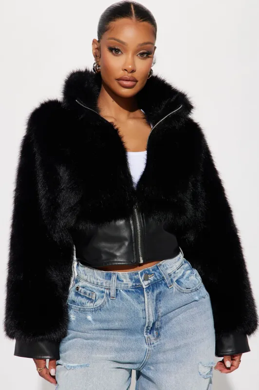 Cozy With You Faux Fur Jacket - Black sold by Fashion Nova