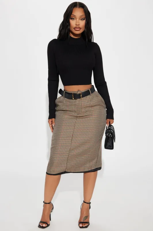 Walk The Talk Belted Tweed Midi Skirt  - Taupe/combo sold by Fashion Nova