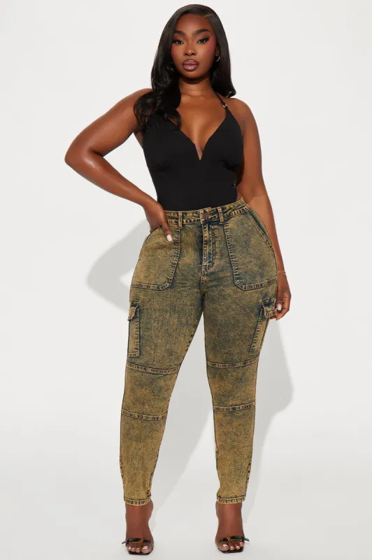 Jallisa Stretch Acid Wash Cargo Skinny Jeans - Orange sold by Fashion Nova