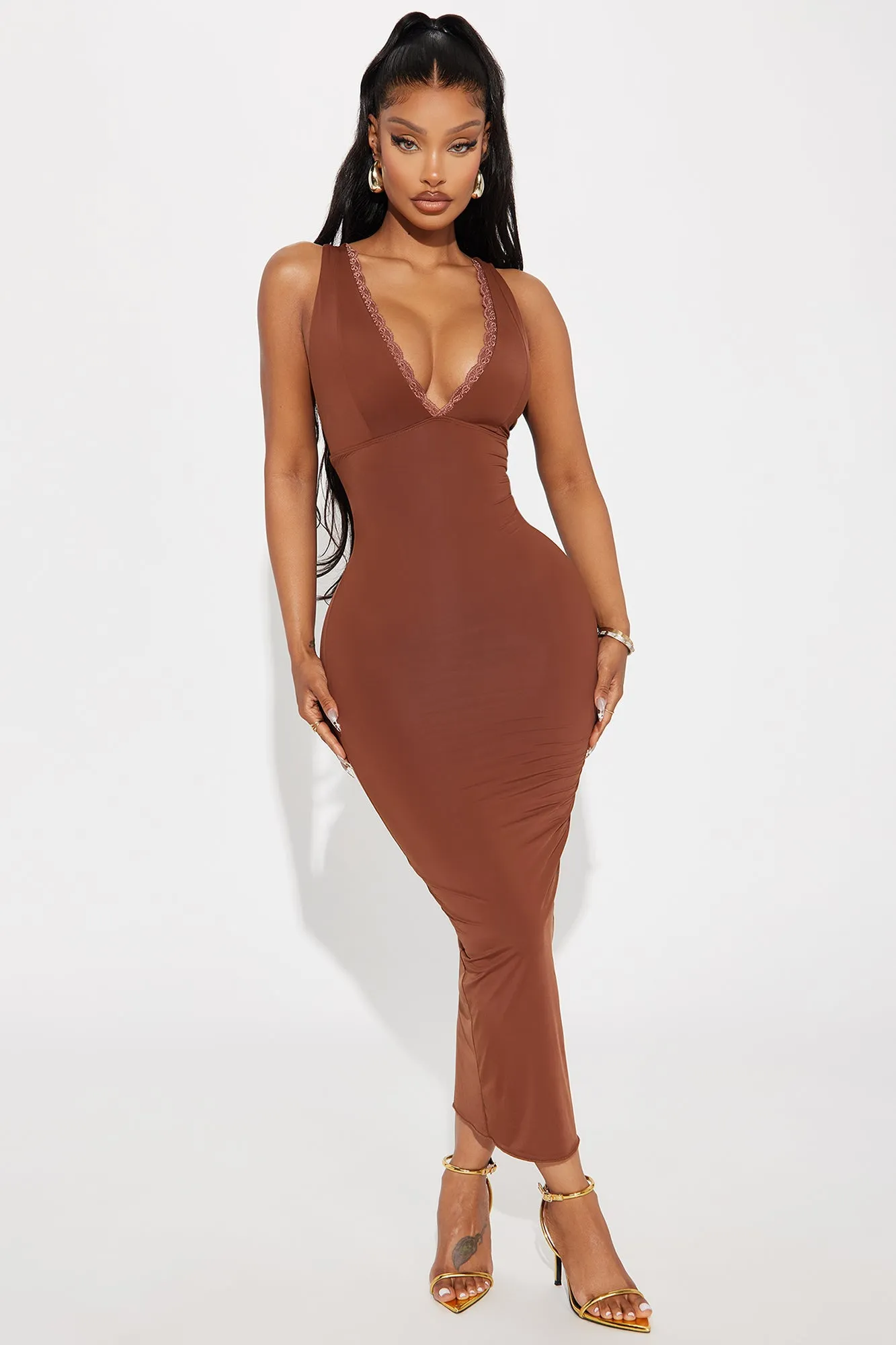 Love Or Lust Lace Trim Midi Dress - Chocolate sold by Fashion Nova
