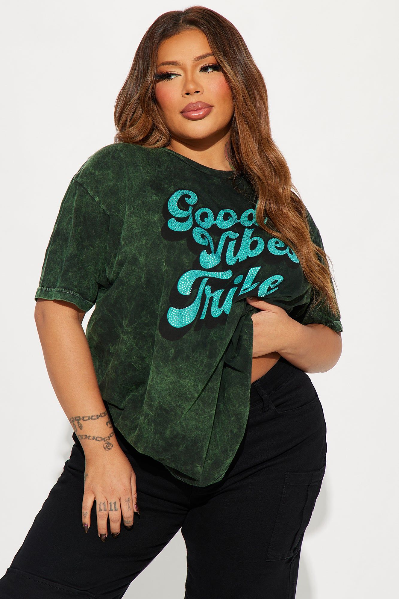 Good Vibes Tribe Rhinestones Tee - Green/combo sold by Fashion Nova product image thumbnail 4