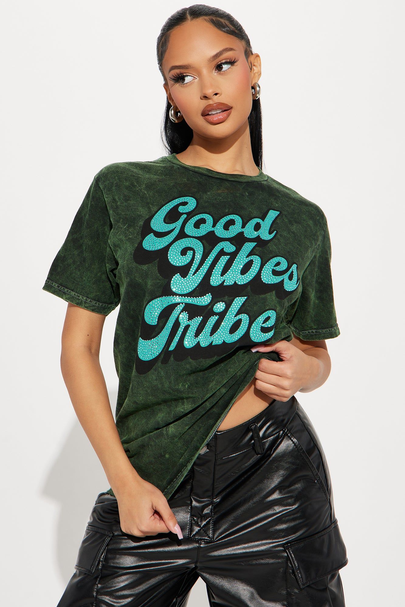 Good Vibes Tribe Rhinestones Tee - Green/combo sold by Fashion Nova