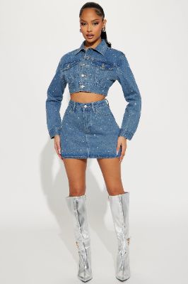 Julianna Rhinestone Denim Skirt Set - Medium Wash sold by Fashion Nova