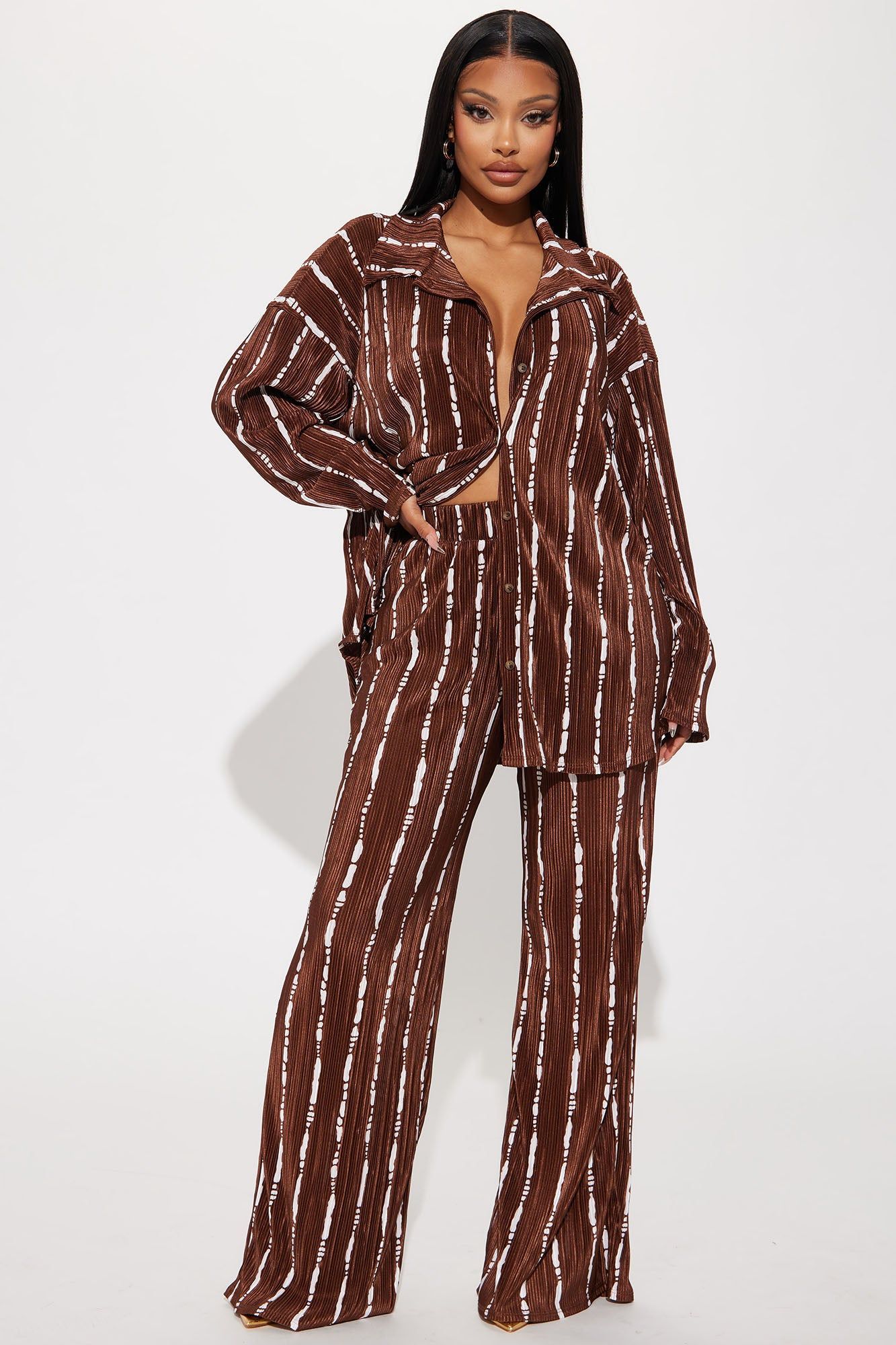 Sweet Crush Plisse Pant Set - Brown sold by Fashion Nova