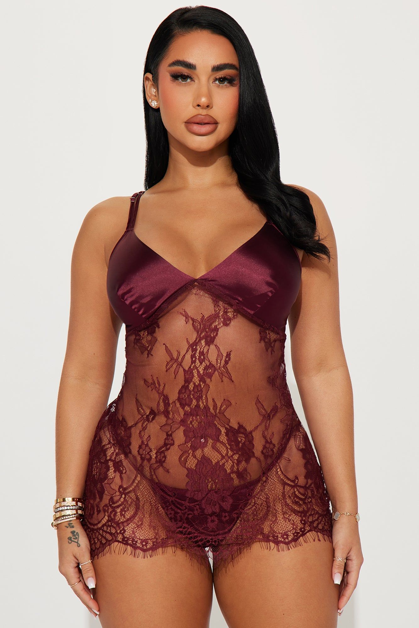 Quiet Not Shy Lace Chemise Set - Wine sold by Fashion Nova