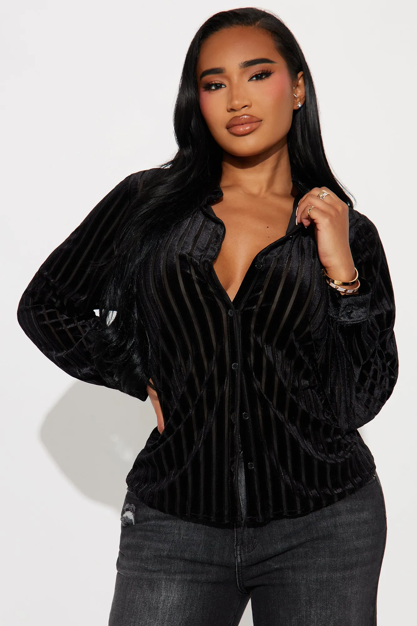 CEO Velvet Striped Shirt - Black sold by Fashion Nova