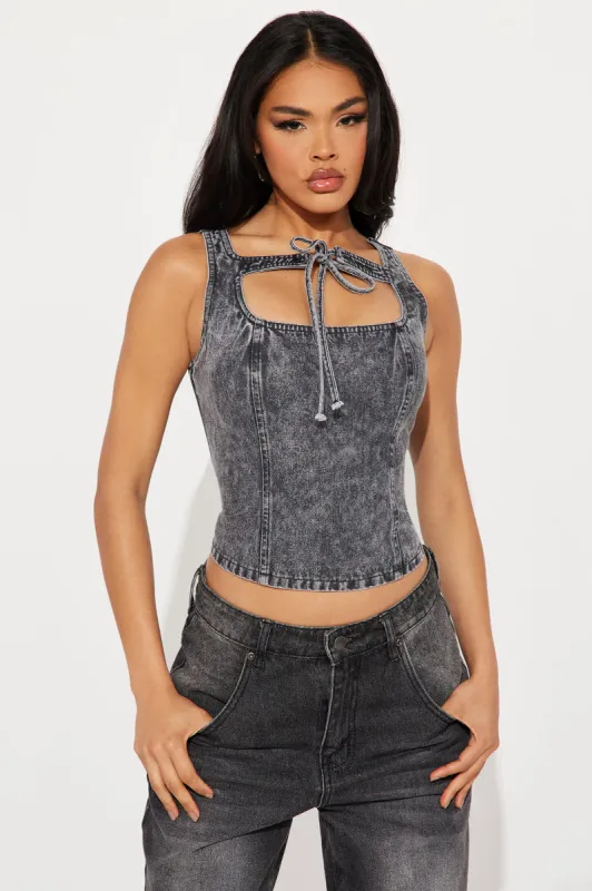After Hours Washed Denim Top - Acid Wash Black sold by Fashion Nova