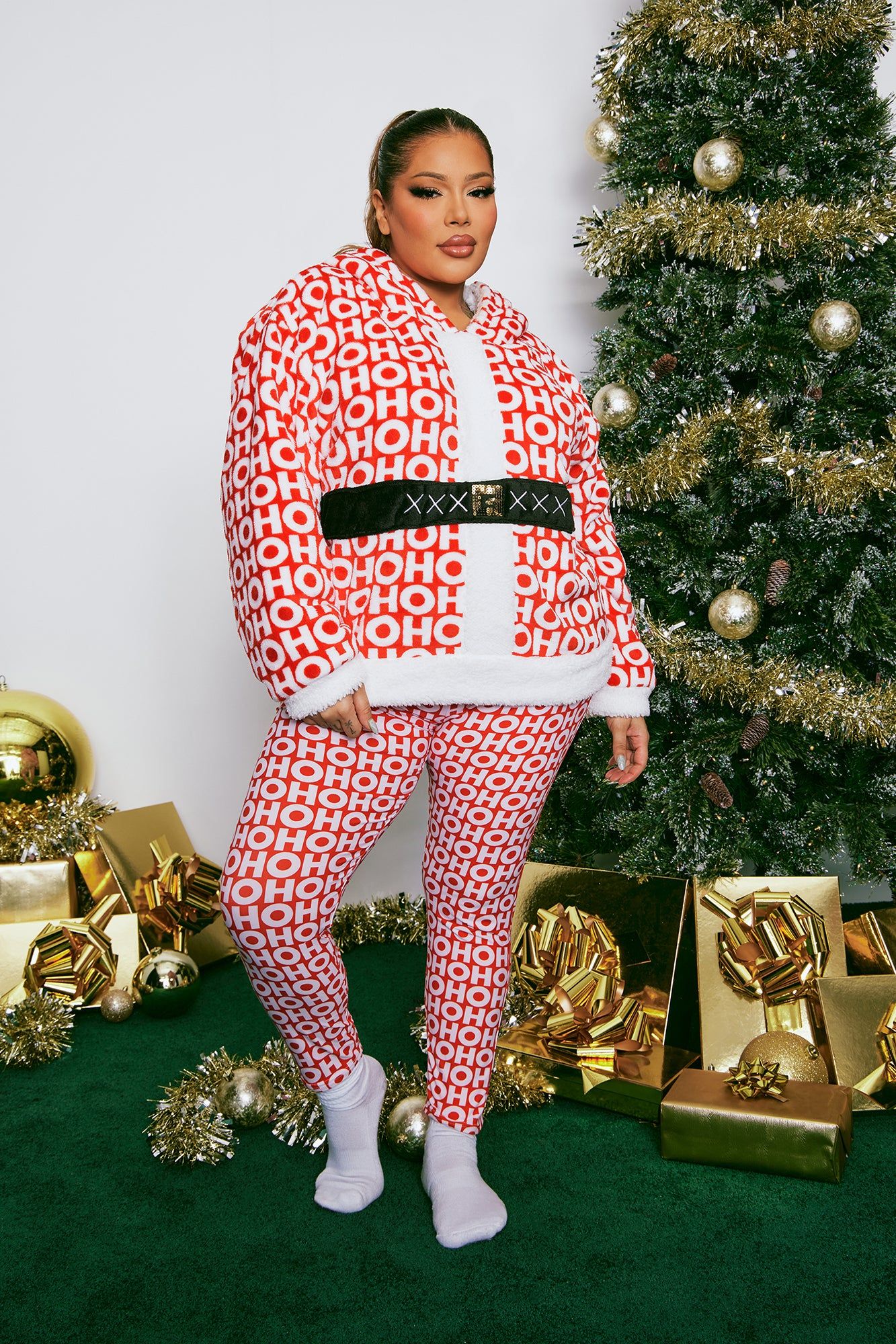 Ho Ho Ho 2 Piece Plush Hoodie PJ Set - Red/White sold by Fashion Nova product image thumbnail 4