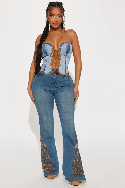 Glow Up Embroidered Stretch Flare Jeans - Medium Wash sold by Fashion Nova