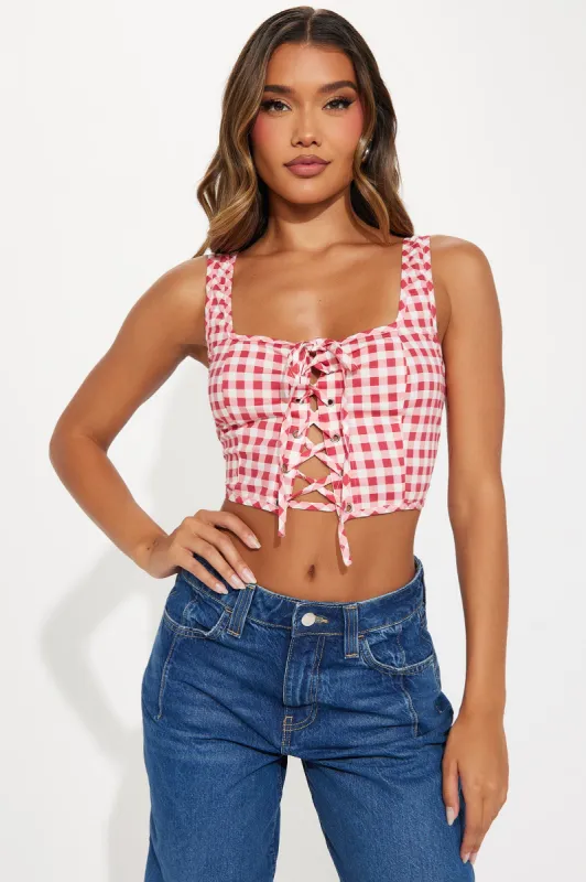 Inde Gingham Top - Red/combo sold by Fashion Nova