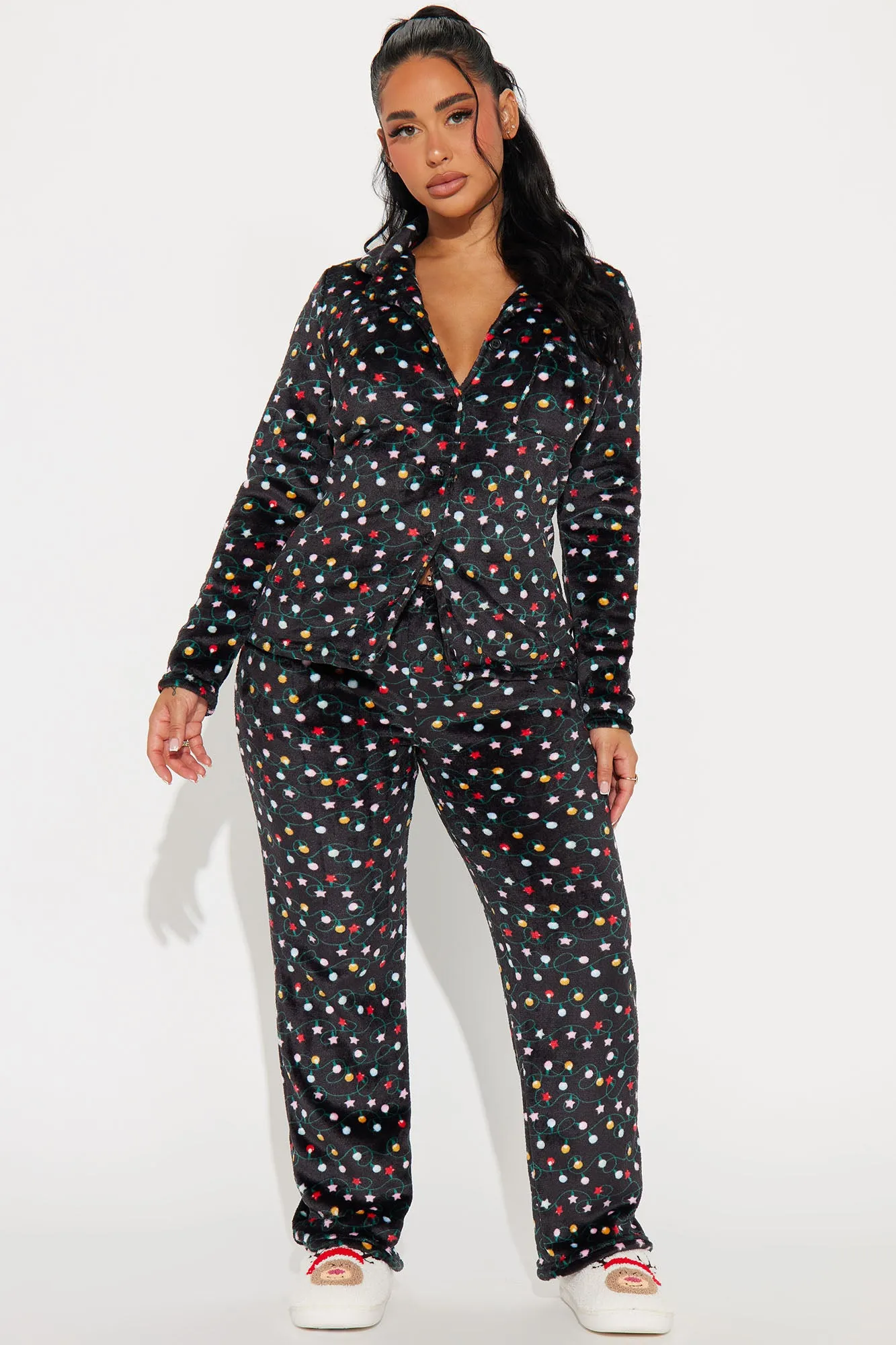 Christmas Lights Plush PJ Pant Set - Black/combo sold by Fashion Nova