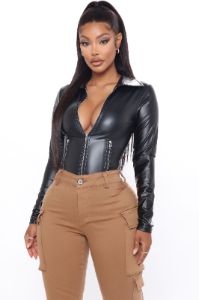 Biker Baddie Zip Front Bodysuit - Black sold by Fashion Nova