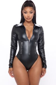 Biker Baddie Zip Front Bodysuit - Black sold by Fashion Nova