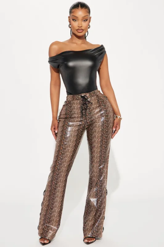 Klarina Faux Leather Straight Leg Pant - Brown/combo sold by Fashion Nova