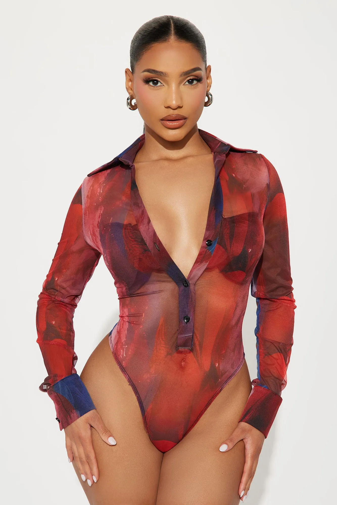 I Call The Shots Mesh Bodysuit - Rust/combo sold by Fashion Nova