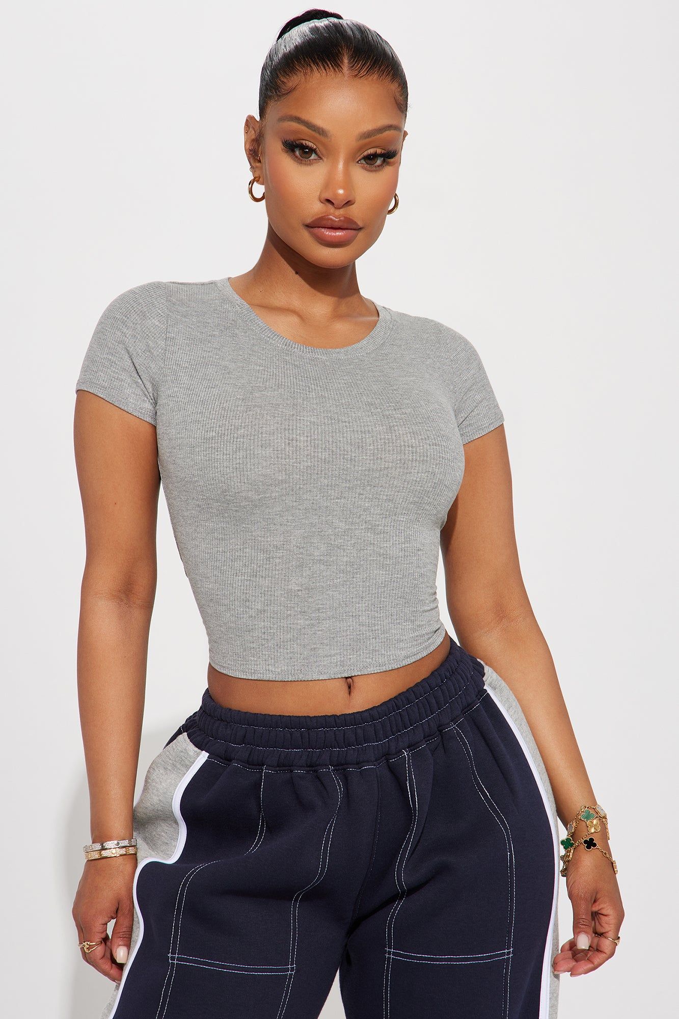 Aria Ribbed Short Sleeve Tee - Heather Grey sold by Fashion Nova