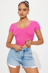 Valerie V-Neck Ribbed Tee - Magenta sold by Fashion Nova