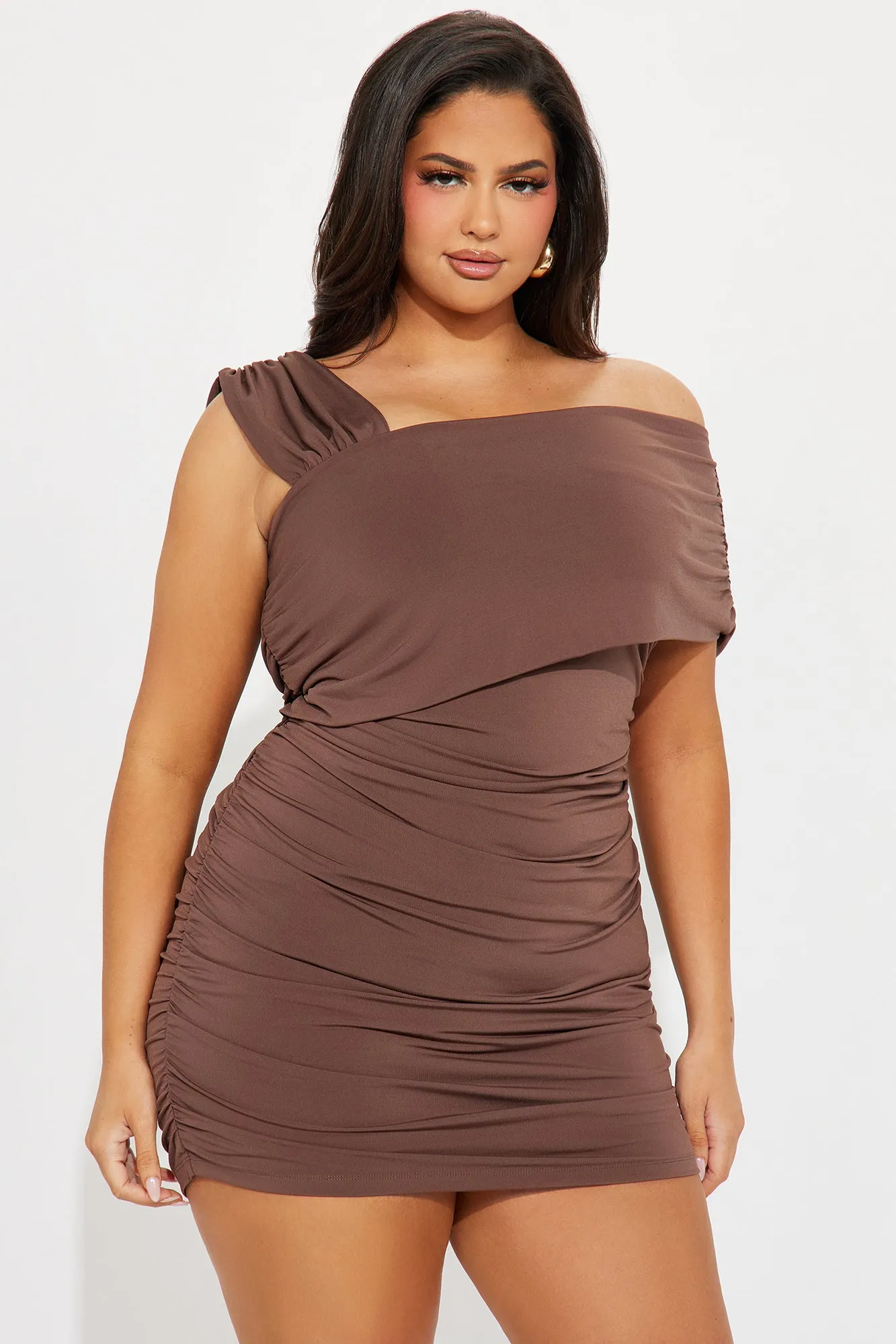 Trace One Shoulder Mini Dress - Chocolate sold by Fashion Nova product image thumbnail 4