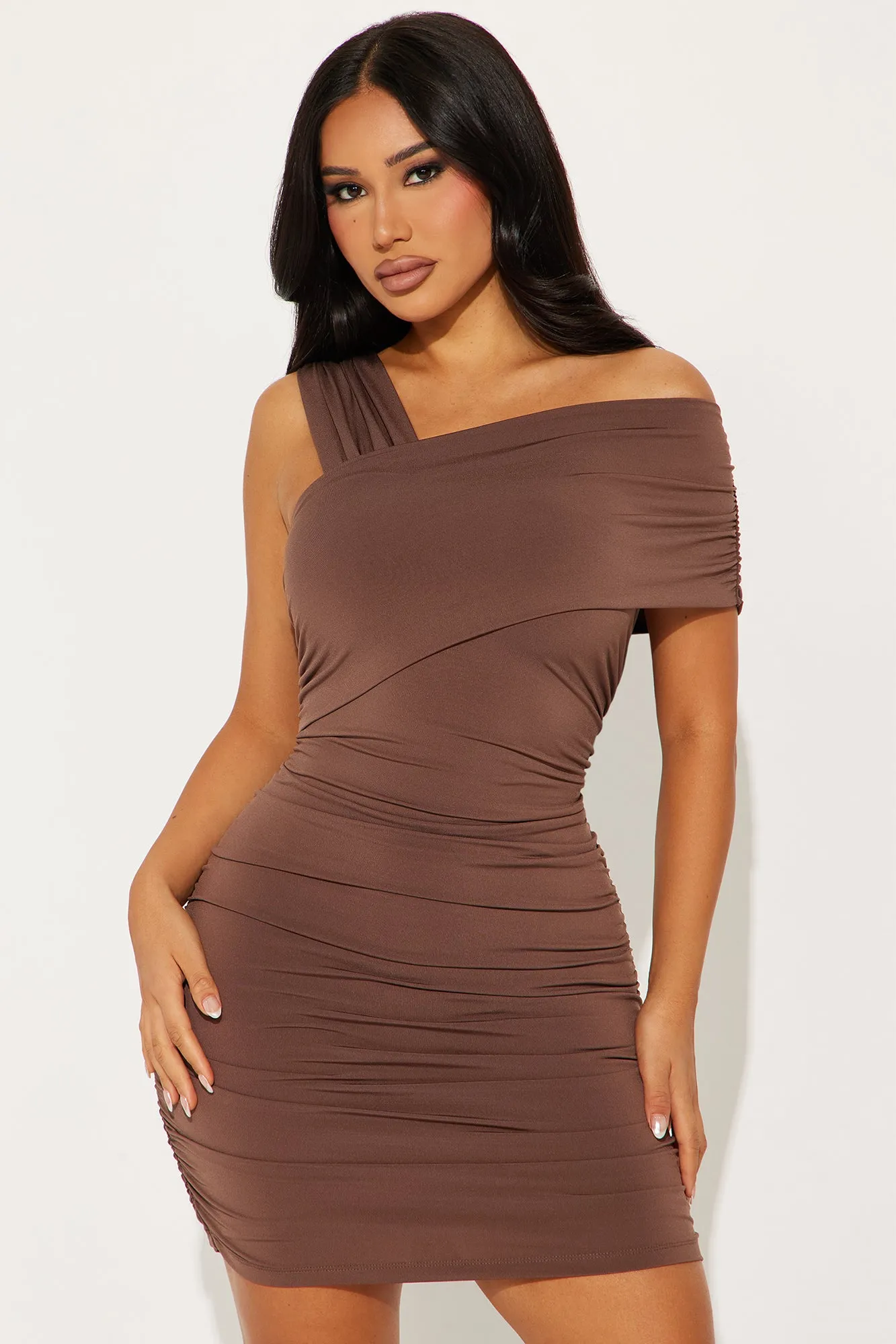 Trace One Shoulder Mini Dress - Chocolate sold by Fashion Nova