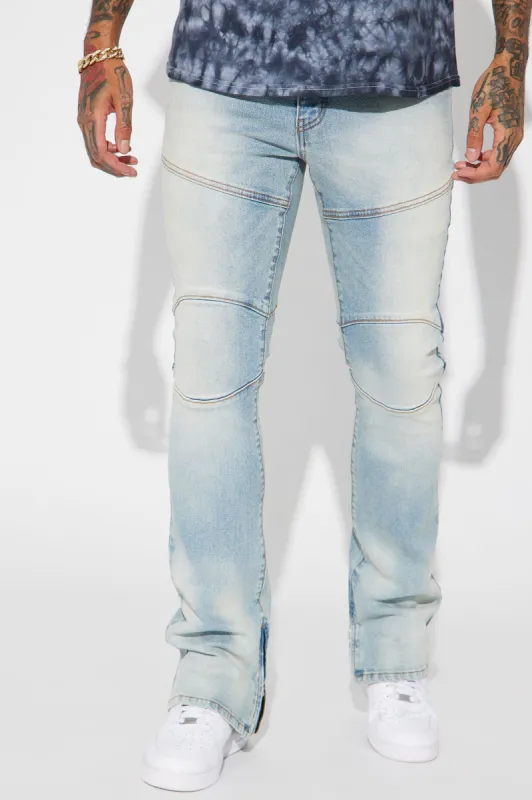 On The Mend Slim Stacked Flare Jeans - Light Blue Wash sold by Fashion Nova