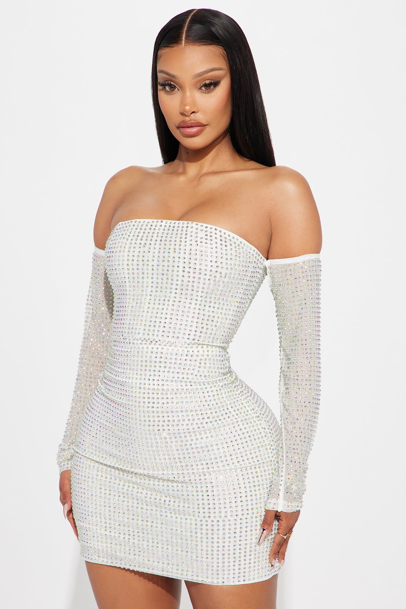 Amy Rhinestone Mesh Mini Dress - White sold by Fashion Nova