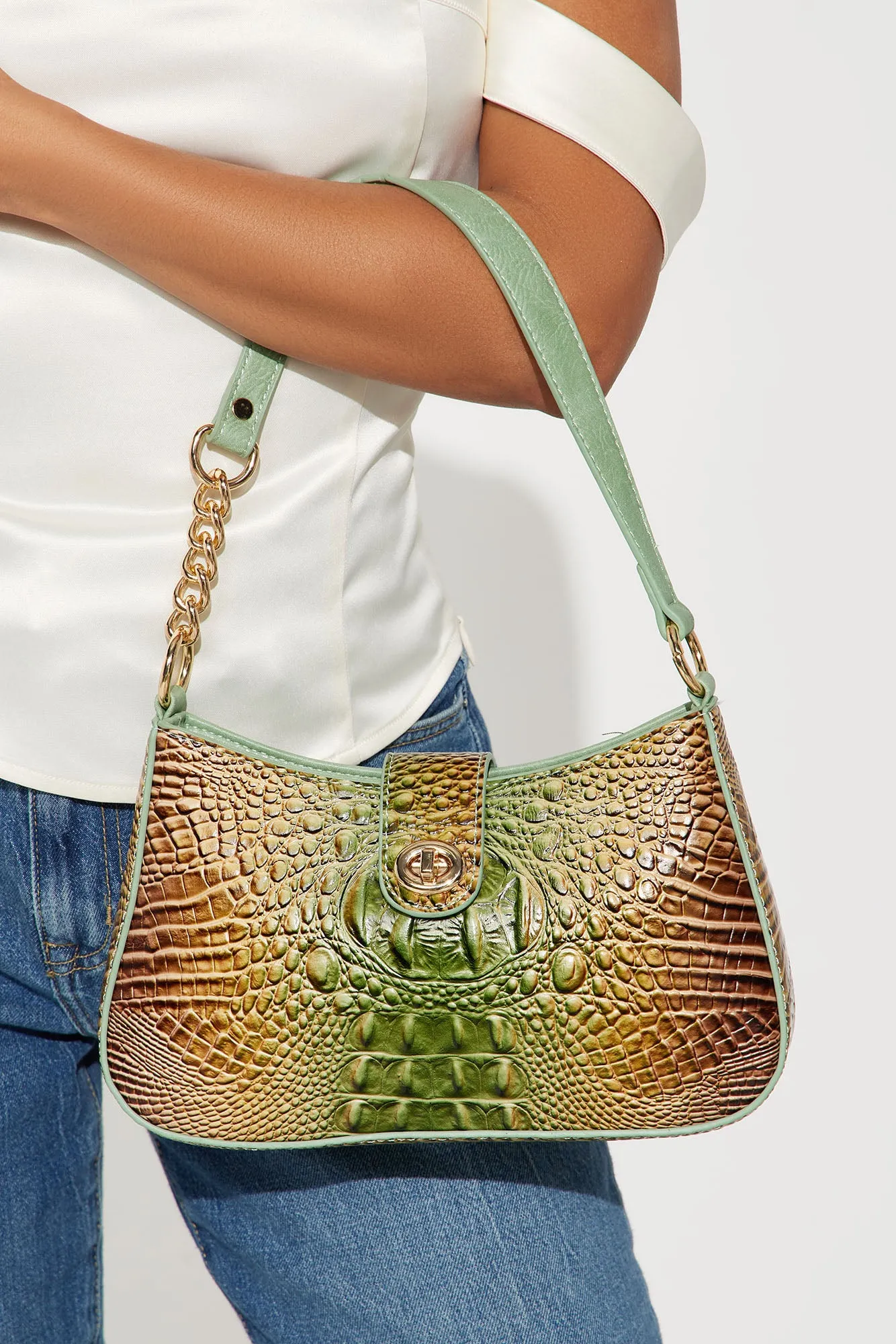 Hiss and Tell Shoulder Bag - Green/combo sold by Fashion Nova