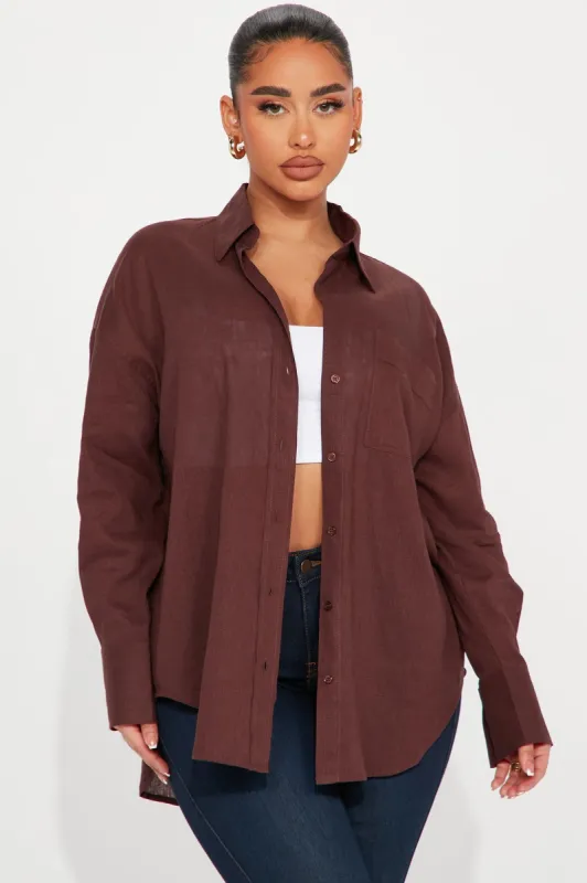 Always Simplistic Linen Shirt - Chocolate sold by Fashion Nova