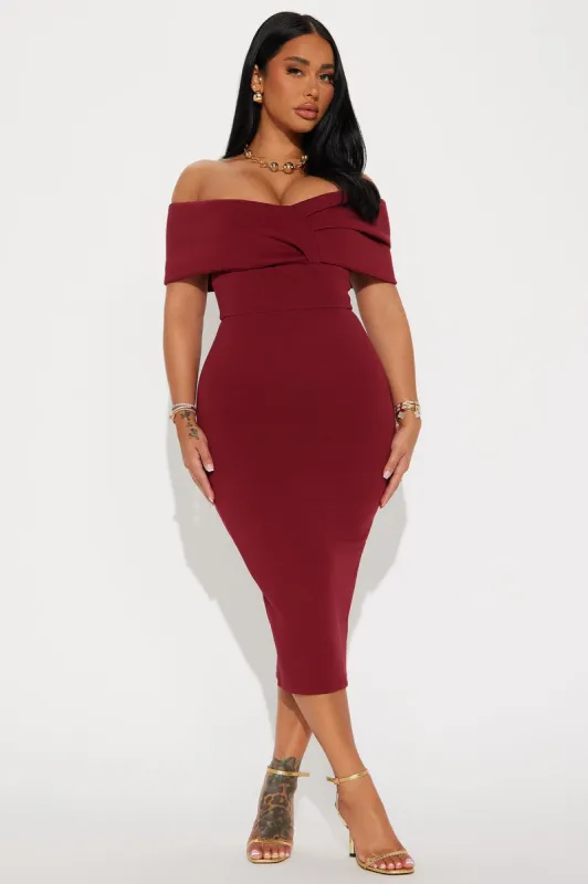 Emmabella Off Shoulder Midi Dress - Wine sold by Fashion Nova