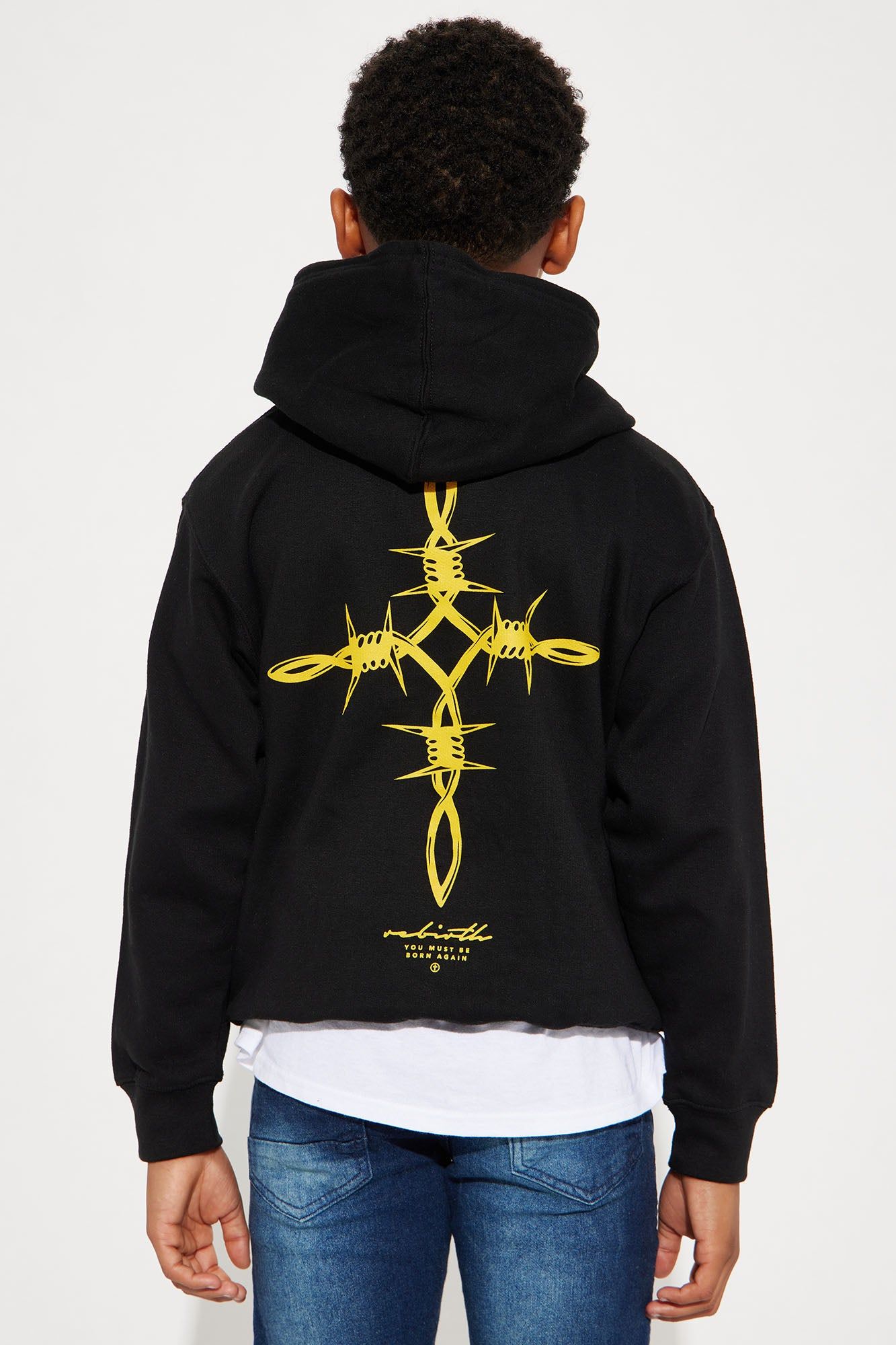 Mini Barbed Wire Rebirth Cross Hoodie - Black sold by Fashion Nova