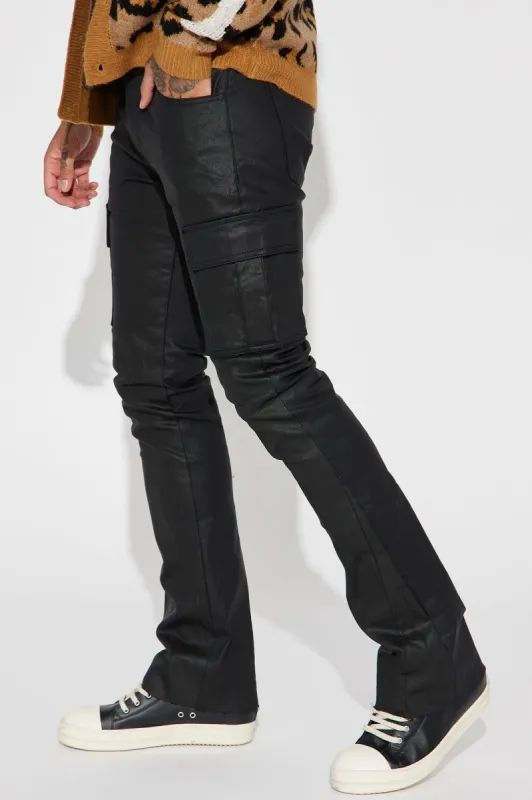 Better Be Cargo Waxed Skinny Flared Pants - Black sold by Fashion Nova