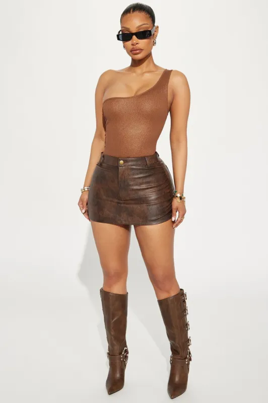 All Ruched Up Washed Faux Leather Mini Skirt - Brown sold by Fashion Nova