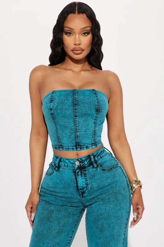 Cyan Stretch Strapless Denim Top - Teal sold by Fashion Nova