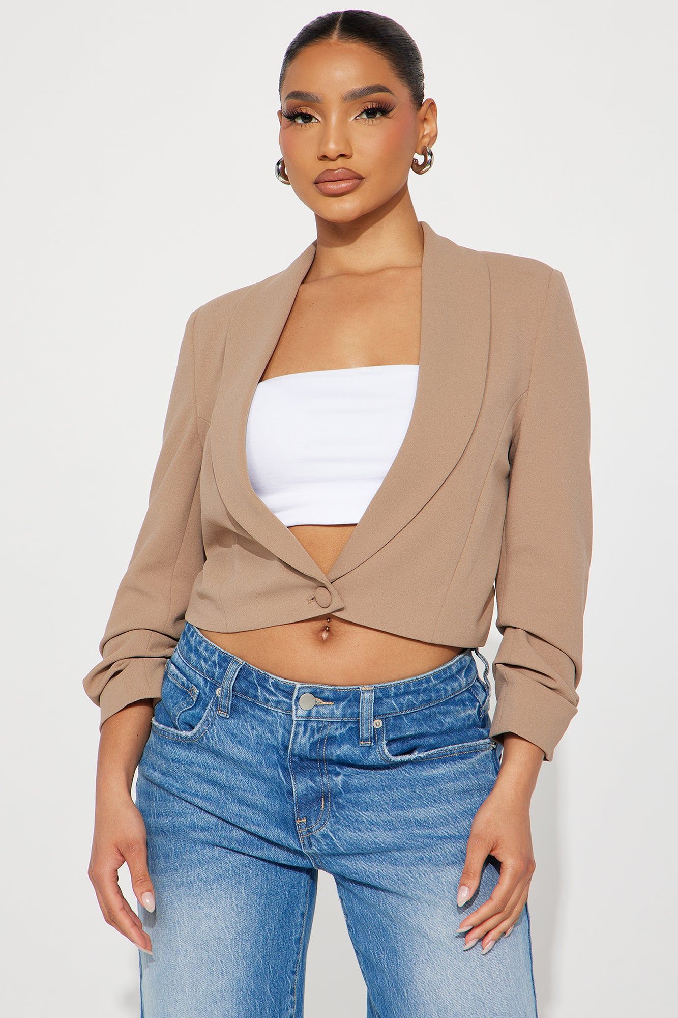 Taking Care Of Business Cropped Blazer - Taupe sold by Fashion Nova