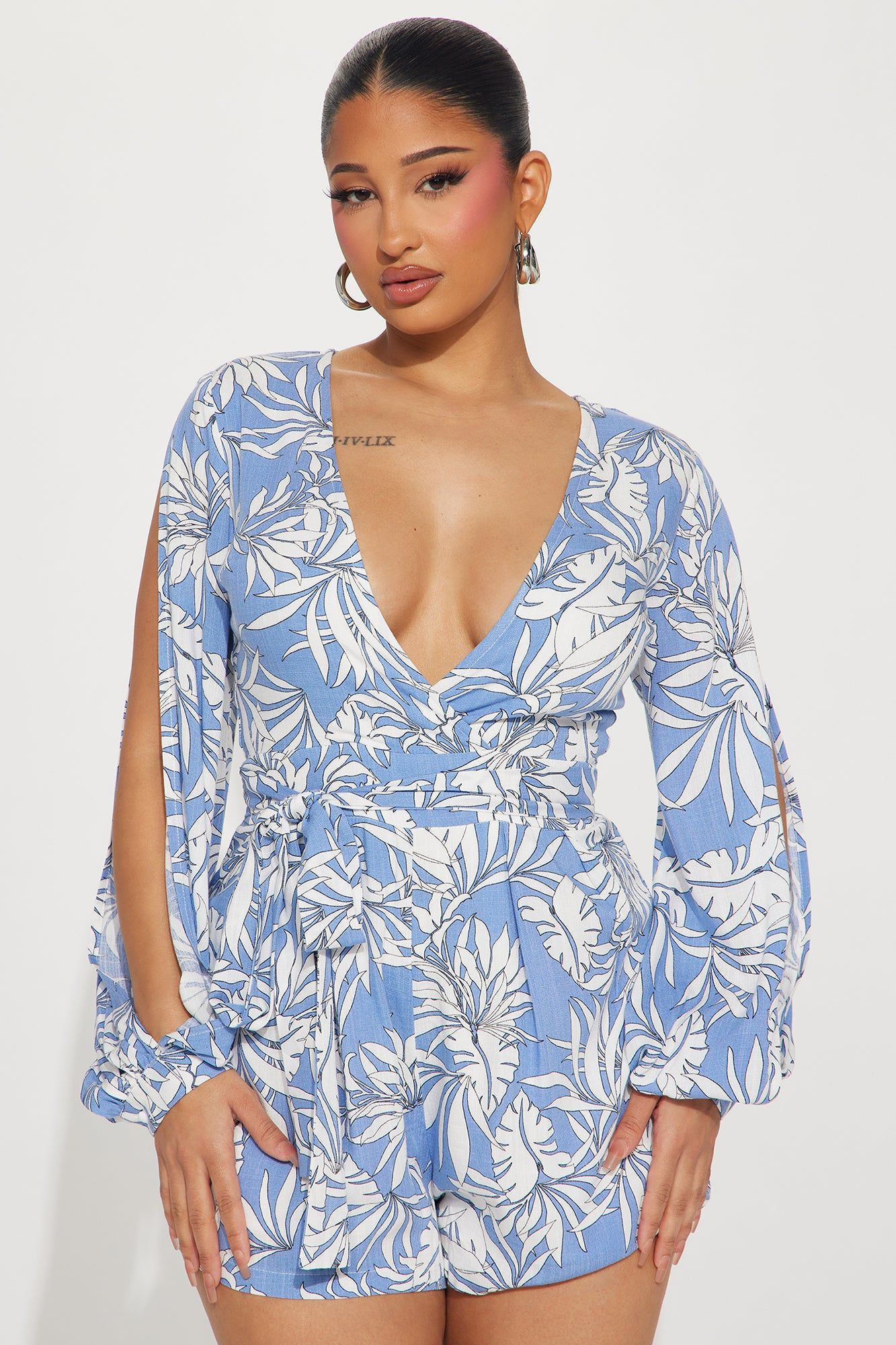 Bahama Adventures Romper - Blue/combo sold by Fashion Nova
