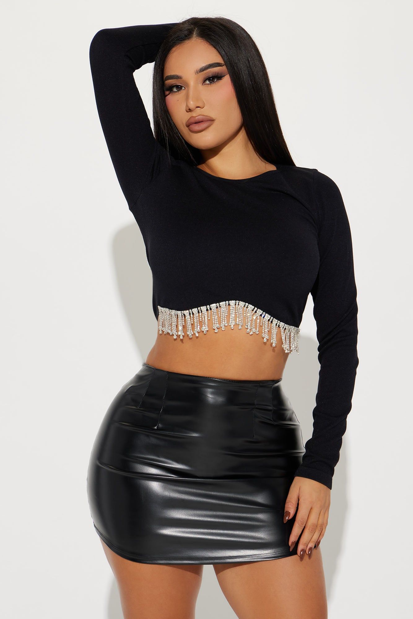 Rina Rhinestone Long Sleeve Top - Black sold by Fashion Nova