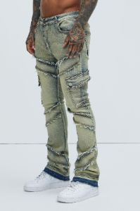 Simi Fray Cargo Stacked Skinny Flare Jeans - Vintage Blue Wash sold by Fashion Nova