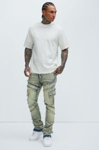 Simi Fray Cargo Stacked Skinny Flare Jeans - Vintage Blue Wash sold by Fashion Nova