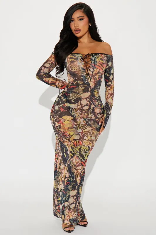Getting Butterflies Maxi Dress - Brown Combo sold by Fashion Nova