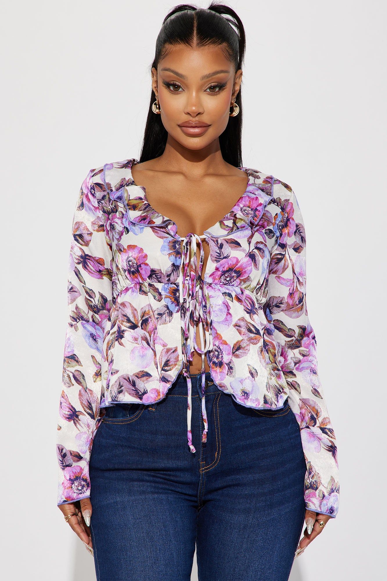 Elia Floral Blouse Top - Ivory/combo sold by Fashion Nova
