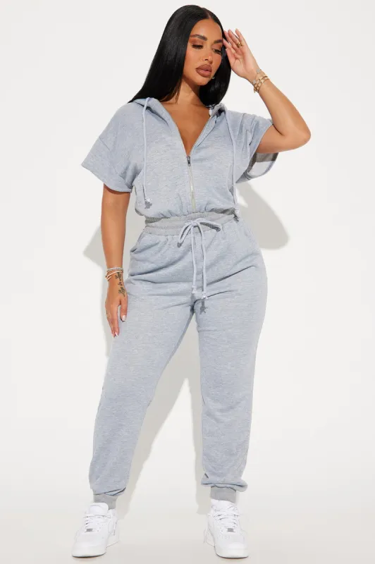 Stella Short Sleeve Jumpsuit - Heather Grey sold by Fashion Nova