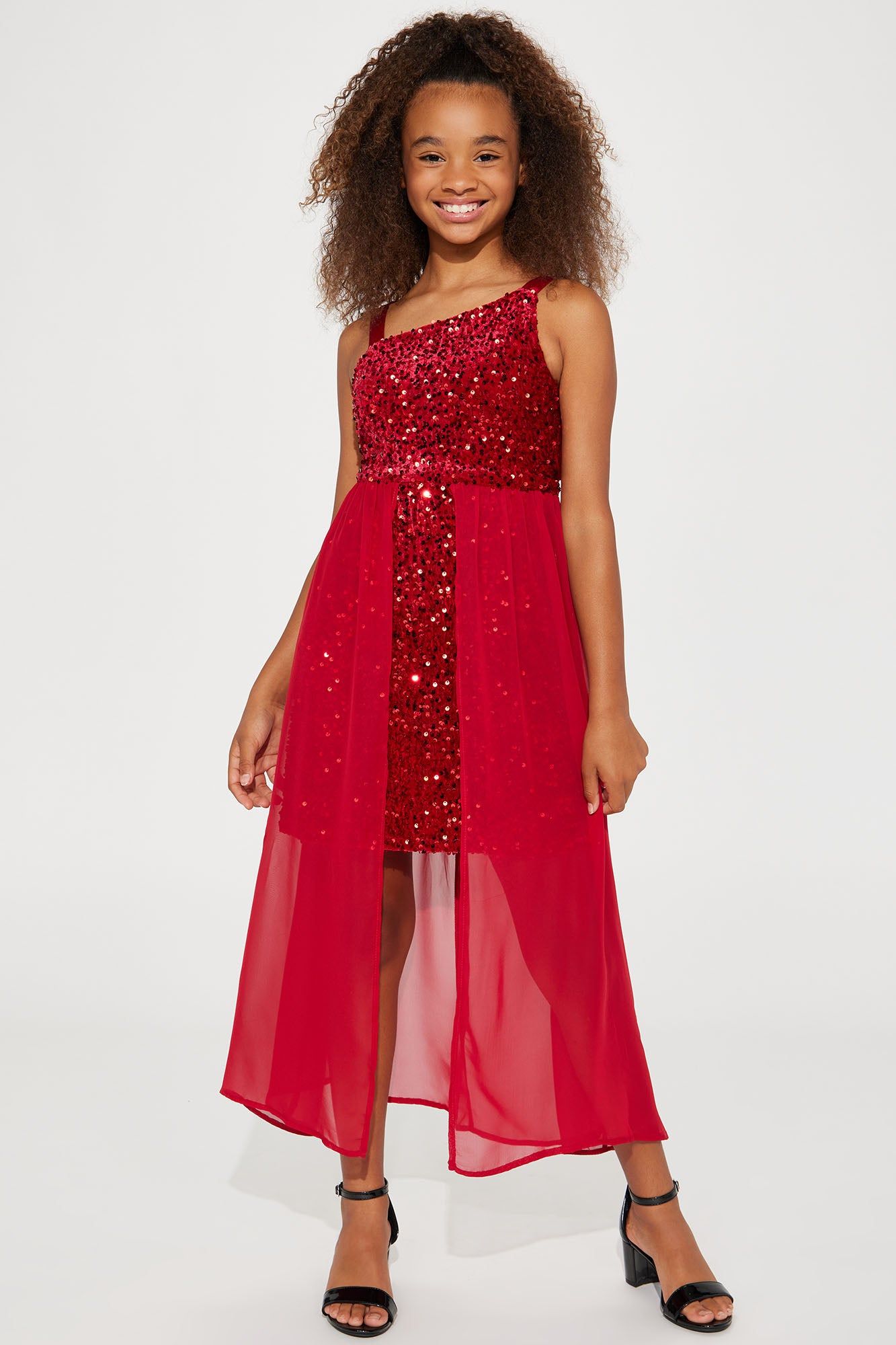 Mini Glitter Girl Sleeveless Dress - Red sold by Fashion Nova